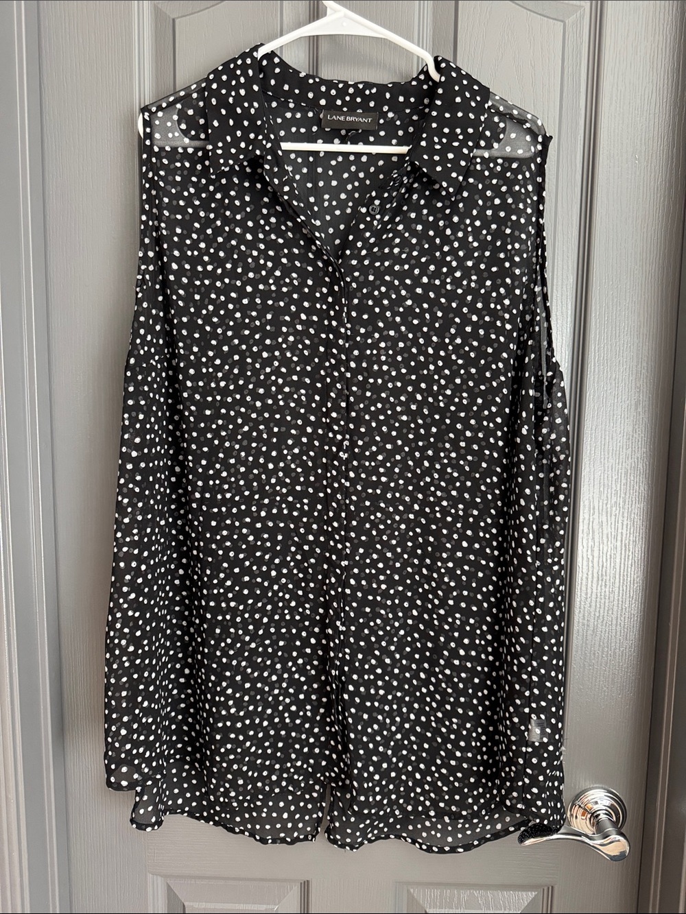 Lane Bryant Black White Polka Dot Sheer Button Blouse